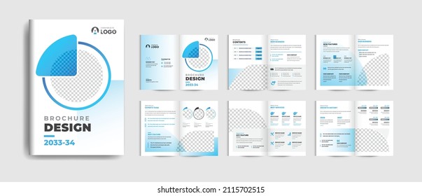 12 pages Professional corporate business brochure or booklet template, multi-page brochure design. Creative shape minimalist business brochure template design