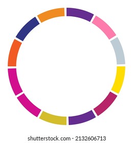 12 part, section segmented circle. Abstract dashed lines circular geometric element