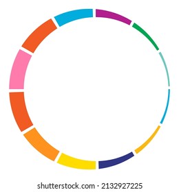 12 part, section segmented circle. Abstract dashed lines circular geometric element
