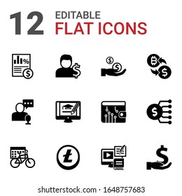 12 iconos rellenos de pago establecidos aislados en fondo blanco. Iconos con impuestos, cuenta, dividendos, tienda en línea, negocio en línea, criptointercambio, período de alquiler, iconos de Altcoin.