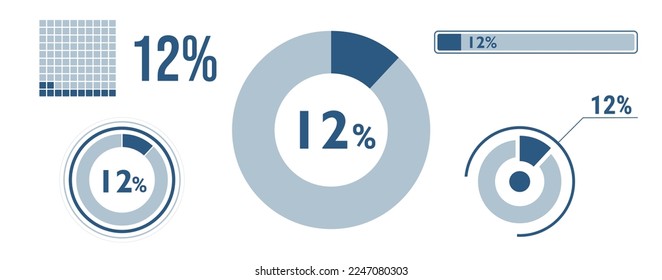 12 percent loading data icon set. Twelve circle diagram, pie donut chart, progress bar. 12% percentage infographic. Vector concept collection, blue color.