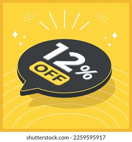 12 percent off. 3D floating balloon with promotion for sales on yellow background