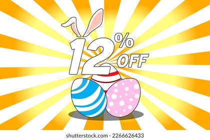 12 percent off. Banner with colorful easter eggs, bunny ears and background with yellow and orange gradient rays