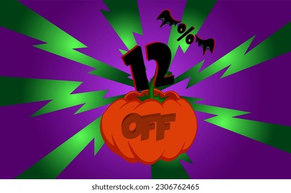 12 percent off. Banner, with pumpkin, green rays and purple background with gradient, bat wings, halloween theme.