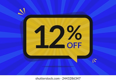 12 percent off. 12% discount. Blue and Yellow banner with floating balloon for promotions and offers.