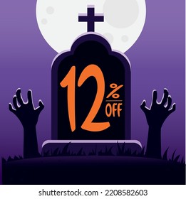 12 percent off. tomb with the phrase "12% off" and with zombie hands coming out of the ground. main color is purple