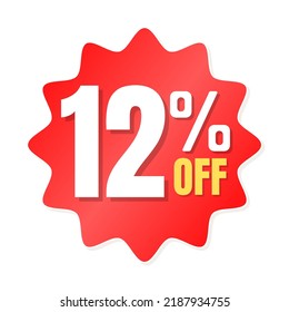 12% percent off(offer), shop now, red and yellow 3D super discount sticker, sale. vector illustration, 