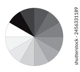 
12 pieces pie chart different shades of grey, black and white - Illustration of a division . Statistics and probability vector