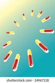 12 pills place according the clock position with a dynamic background.