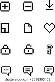 12 pixel icons, plus, mint, download, paper, paper, love, lock, unlock, key, message, message, message 