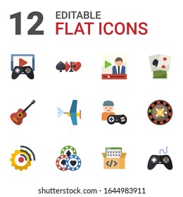 12 play flat icons set isolated on white background. Icons set with Game streaming, gambling, Video streaming, Guitar playing, Aeromodeling, poker, Streaming software, Casino icons.