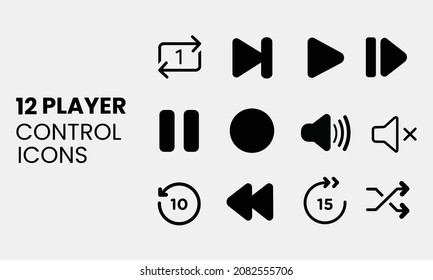 12 player control icons for website, app, and printing purpose, music player, screen