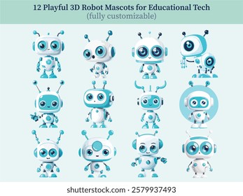 12 Playful 3D Robot Mascots for Educational Tech (fully customizable)
