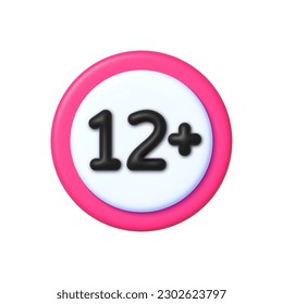 12 plus icon vector sign in 3D style. Twelve or older persons adult content 12 plus only rating isolated on white background.