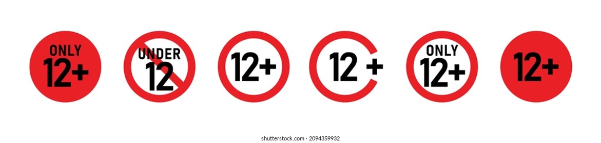12 más conjunto de signos. Doce. Restricciones de edad, censura, control parental. Icono de contenido, películas y juguetes.