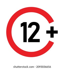 12 plus Schild. Zwölf. Altersbeschränkungen, Zensur, elterliche Kontrolle. Symbol für Inhalt, Filme und Spielzeug.