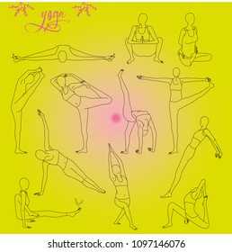 12 poses of yoga, made with a black contour on a green-pink background