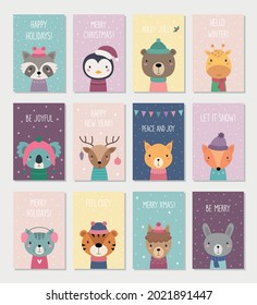 12 postcards with Christmas animals. Happy New Year. Merry Christmas. Cute animals in hats and scarves. Vector illustration.