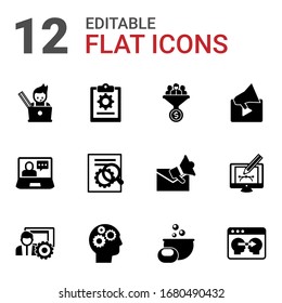 12 process filled icons set isolated on white background. Icons set with graphic designer, project, Lead conversion, eCommerce solutions, SEO optimization, Video marketing icons.