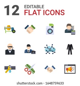 12 iconos planos profesionales establecidos aislados en fondo blanco. Iconos con mezclador de hormigón, cooperación, Servicio de lavandería, seguridad, Contador, Servicio de fontanería, Iconos de peluquería.