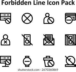 12 iconos vectoriales diseñados profesionalmente en estilo de contorno para el tema prohibido. Versátil y escalable.
