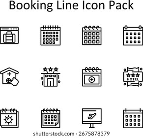 12 iconos vectoriales diseñados profesionalmente en estilo Line para el tema Booking. Versátil y escalable.