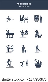 12 professions vector icons such as office worker, painter, pensioner, photographer, pilot contains plumber, politician, postman, president, professor, programmer icons