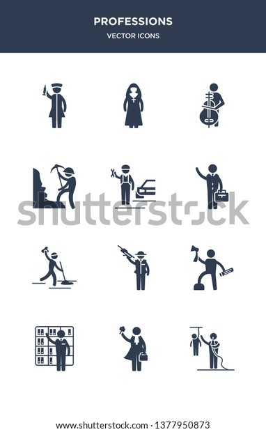 12 professions vector icons such as\
journalist, lawyer, librarian, lumberjack, mafia contains maid,\
manager, mechanic, miner, musician, nun\
icons
