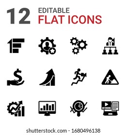 12 progress filled icons set isolated on white background. Icons set with Priority, skill, cogwheel, investment, growth, Leadership, Productivity, SEO monitoring, Marketing analytics icons.