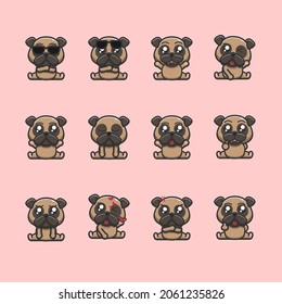 12 pug dog expressions, pug dog emoticon bundle