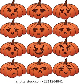 12 pumpkins in different emotions anger, happy, scary, surprised, relief, dissatisfied.