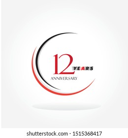 12 red anniversary number inside circle swoosh isolated on white background