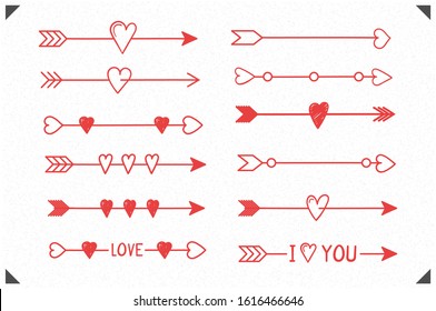 12 Red hand drawn arrows with hearts, design elements for Valentine's day and wedding, vector eps10 illustration