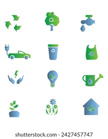 12 Renewable 3D Style Energy Recycle And Environmental Protection Green Icons For Earth Day