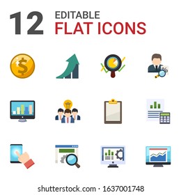 12 report flat icons set isolated on white background. Icons set with Net Income, growth, Marketing analytics, SEO monitoring, Collaborative idea, tax consultant, testing icons.