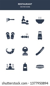 12 restaurant vector icons such as sandwich, sauces, sauna, sausage, servant contains shrimp, single bed, skewer, slippers, soup, spa icons