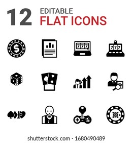 12 risk filled icons set isolated on white background. Icons set with casino Chip, Annual report, online casino, dice, poker, slot machine, gambling, Croupier, Cheat, roulette icons.