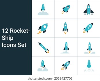 12 Rocket Launch Icons Set. vector illustration