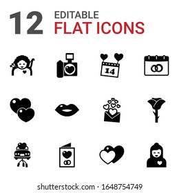 12 iconos románticos colocados aislados en fondo blanco. Iconos ambientados con ángel cupido, fotografía de boda, San Valentín, amor, beso, fecha de boda, camión recién casado, íconos de invitación.