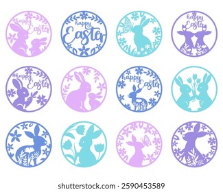 12 Round Sign Easter Laser Cut Template for Cutting machine. Easter door hanger design.