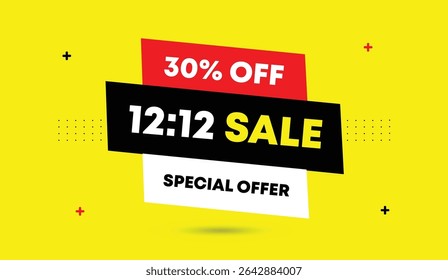 12 to 12 sale 30% off editable web banner special offer vector art illustration modern design black red white shapes yellow abstract business background eye catching unique marketing template