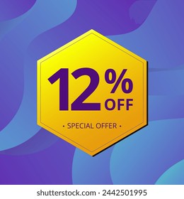 12% Sale and Discount Label. Twelve percent Sale Discount label Geometric design. Abstract Blue and Yellow Hexagon. Vector illustration.