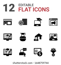 12 sale filled icons set isolated on white background. Icons set with Small business, bet, eCommerce, online business, Product Listing, Banner Ads, shopping cart, online store icons.