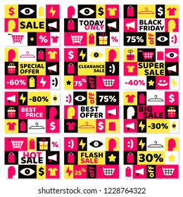 12 sale simple forms and shapes banners set in flat style design vector illustration. Various text arounded of dollar sign, eye, head, loud speaker, t-shirt, etc. Sale banner, sticker or web banner.