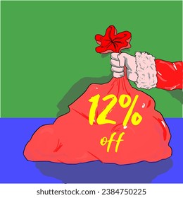 12% santa claus holding a christmas bag on sale discount percentage holiday december red yellow golden green blue