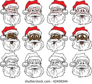 12 Santa Faces, Ilustración vectorial.