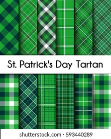 12 Patrones Verdes Sombreado Día de San Patricio. Patrones de los Camisas Tartán Flannel. Ilustración del vector de mosaicos de moda para fondos de pantalla.