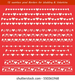12 seamless pixel borders with heart, arrow, line, dot and twirl. Romantic decor elements set for Wedding and Valentine's Day. Light images on red background. Vector eps file.