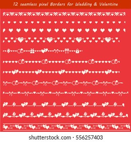 12 seamless pixel borders with heart, arrow, rose, bow, ring, gift, glass, padlock, balloon. Romantic decor elements set for Wedding & Valentineâ??s Day. Light images on red background. Vector eps file.