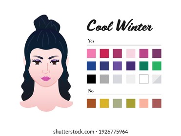 12 seasons Color types for woman appearance - Cool Winter type. Perfect color for your wardrobe. Do and do not colors in 12 season analysis, yes and no basic swatch tones - Fashion guide infographic